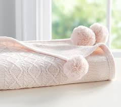 Monique Lhuillier Cable Knit Pom Pom Baby Blanket