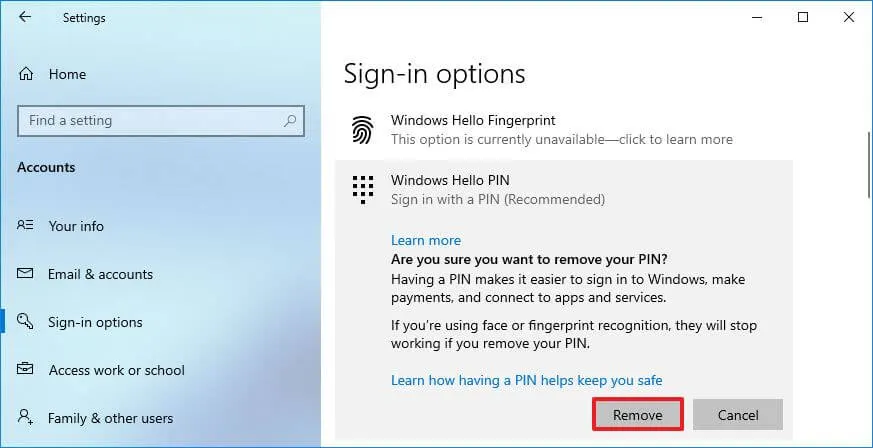 Remove Windows Hello Pin