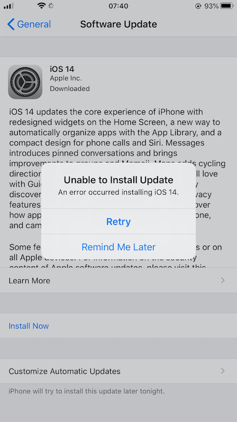 Software Update Failed IOS 14